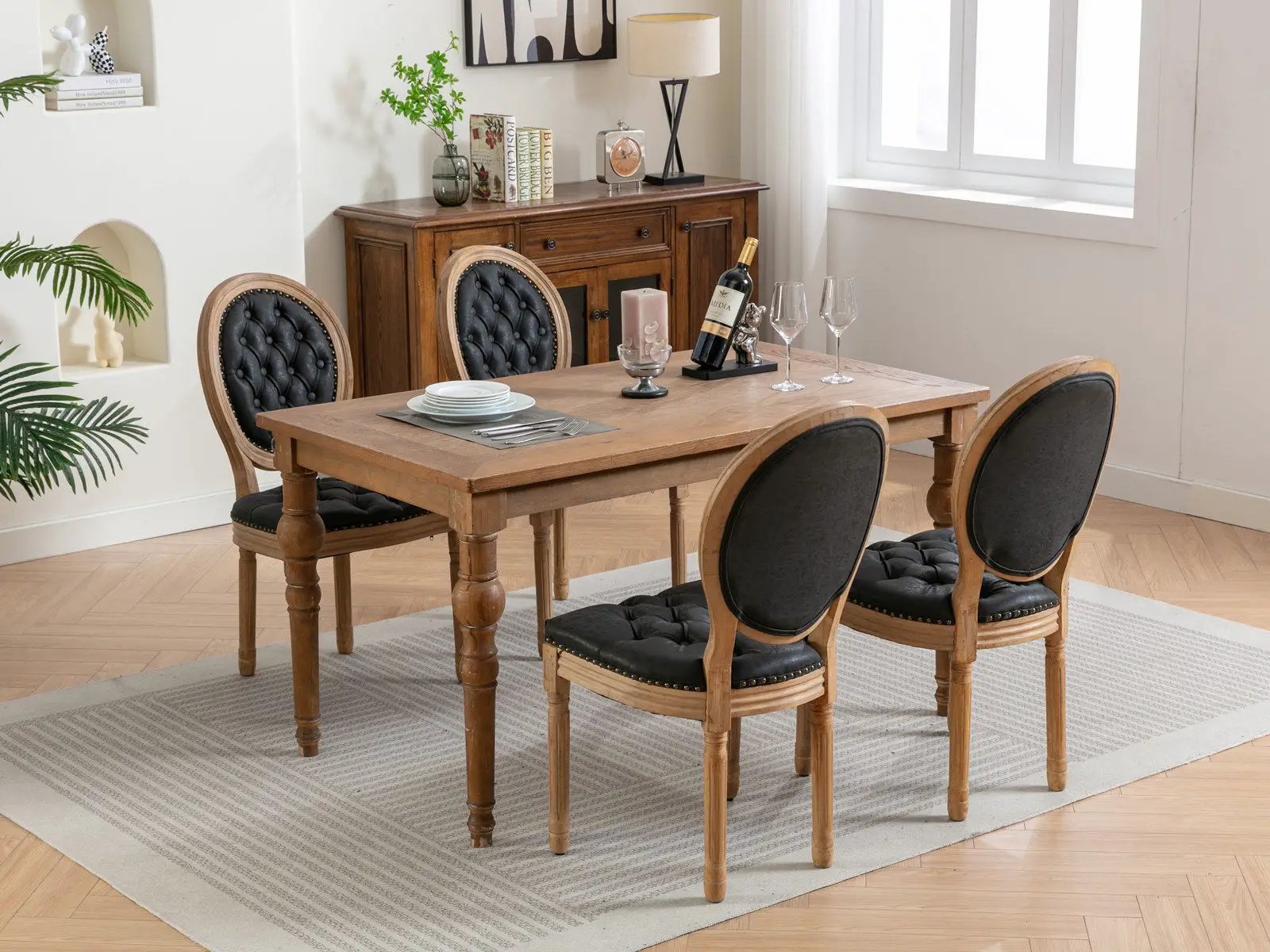 French Style Solid Wood Frame Antique Painting, Hand-Pulled Buckle Decoration Artificial Dining Chair With Nailhead Trim, Wood Legs by HouseOfZazla