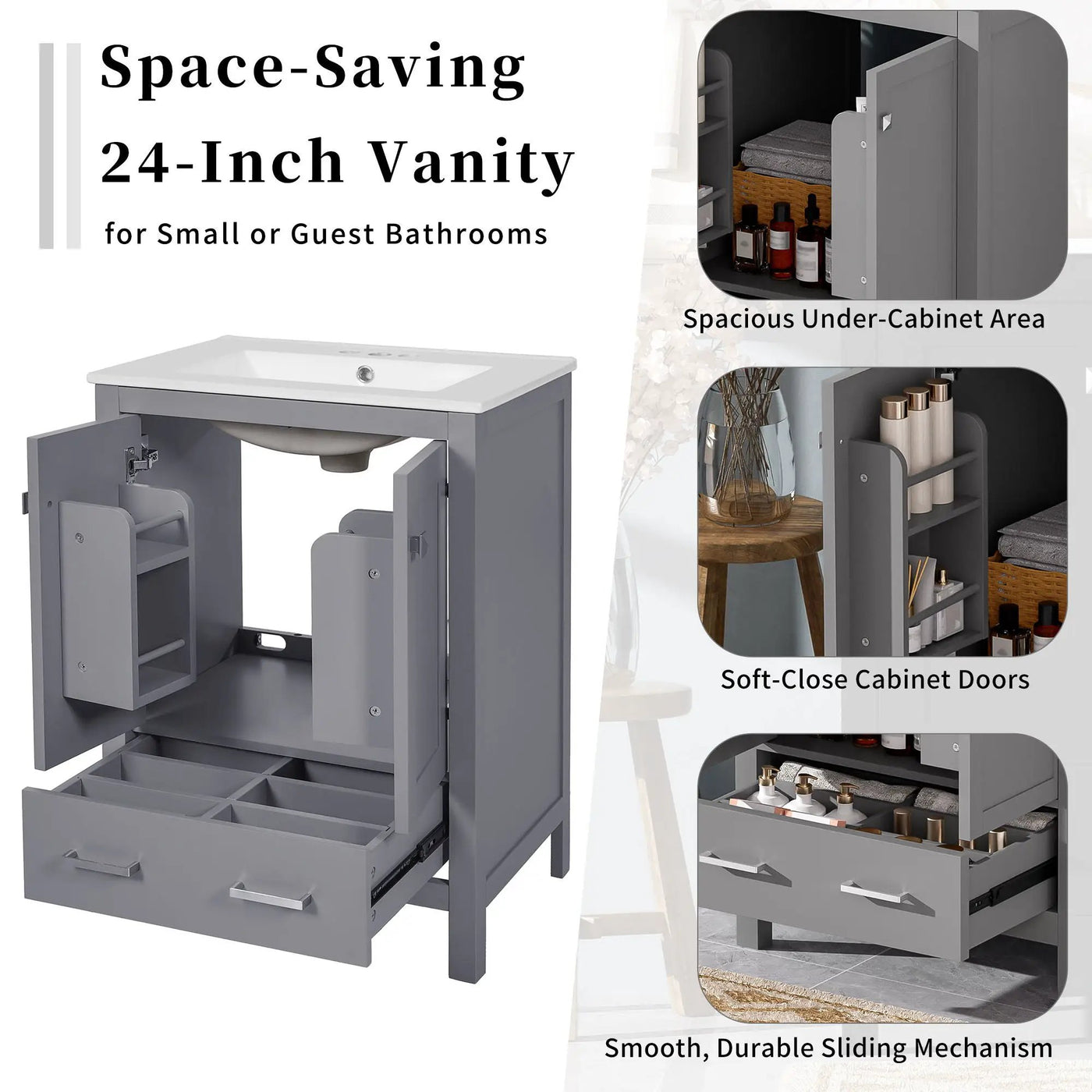 Bathroom Vanity With Integrated Undermount Ceramic Sink, 2 Doors And 1 Drawer, Soft Close Hinges by Unique Piece Furniture