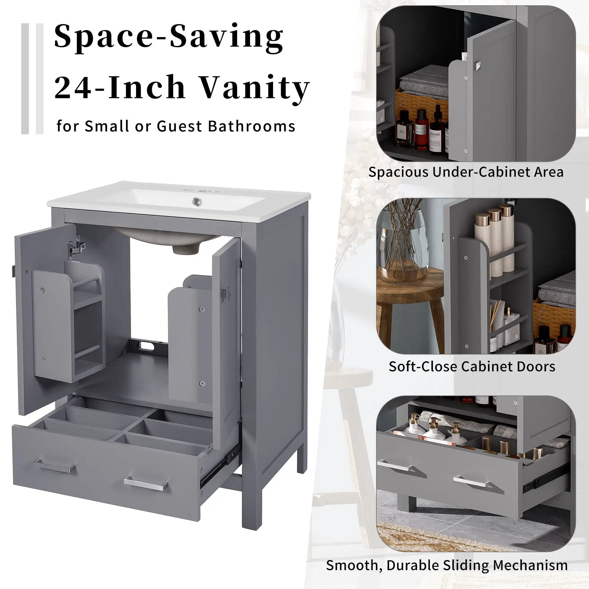Bathroom Vanity With Integrated Undermount Ceramic Sink, 2 Doors And 1 Drawer, Soft Close Hinges by Unique Piece Furniture