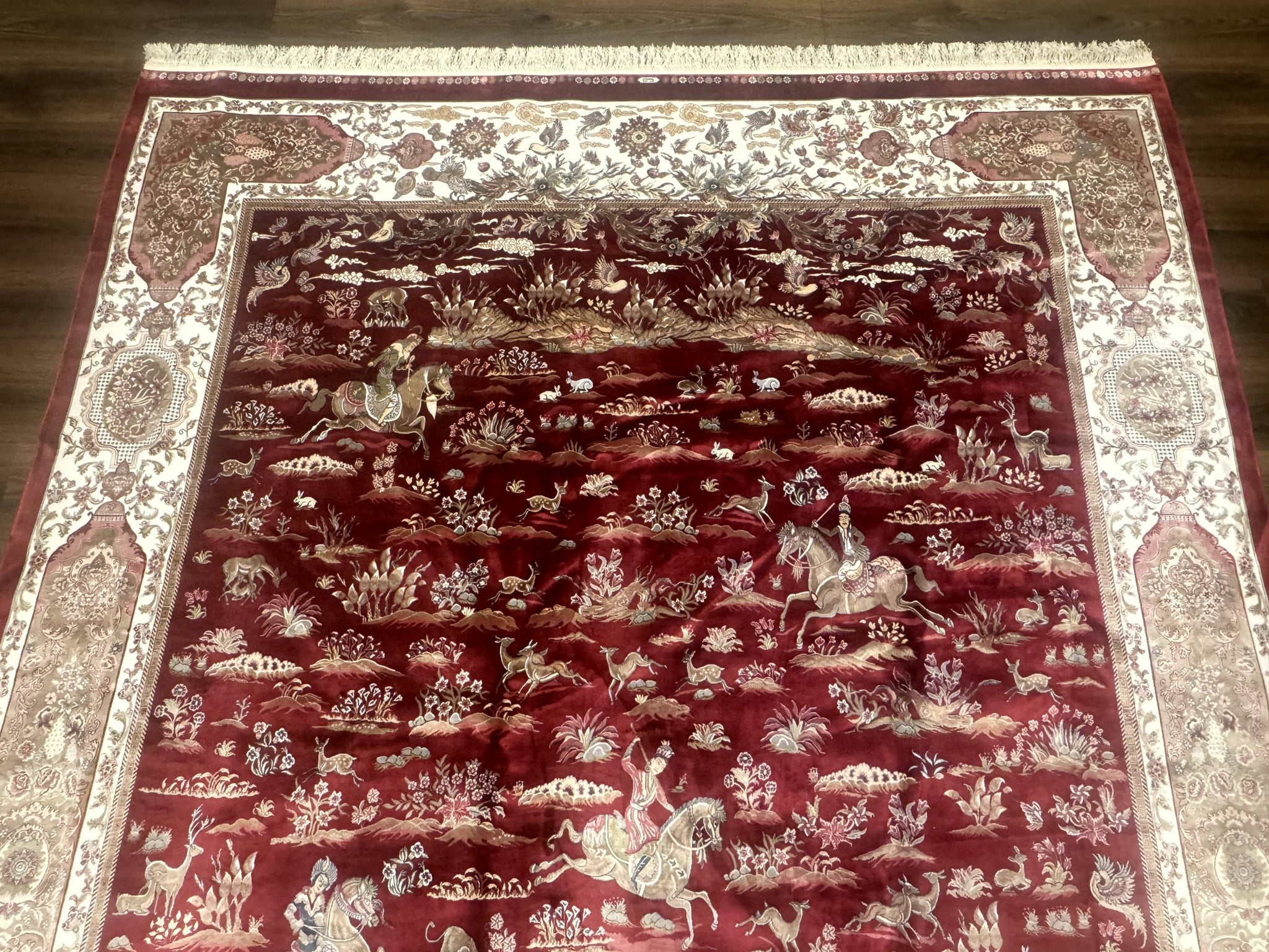 Turkish Silk Rug 8x10, Red & Ivory, Hunting Design, Bamboo Silk, New by Jewel Rugs