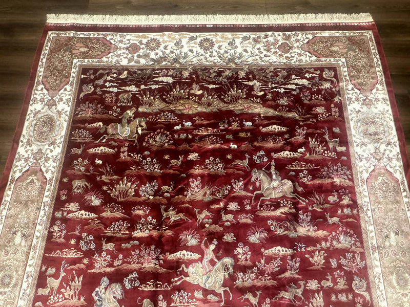 Turkish Silk Rug 8x10, Red & Ivory, Hunting Design, Bamboo Silk, New by Jewel Rugs