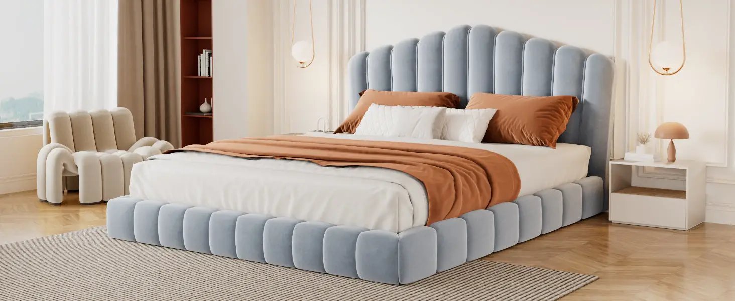 Velvet Upholstered Queen Bed with Shell-Shaped Headboard by HouseOfZazla