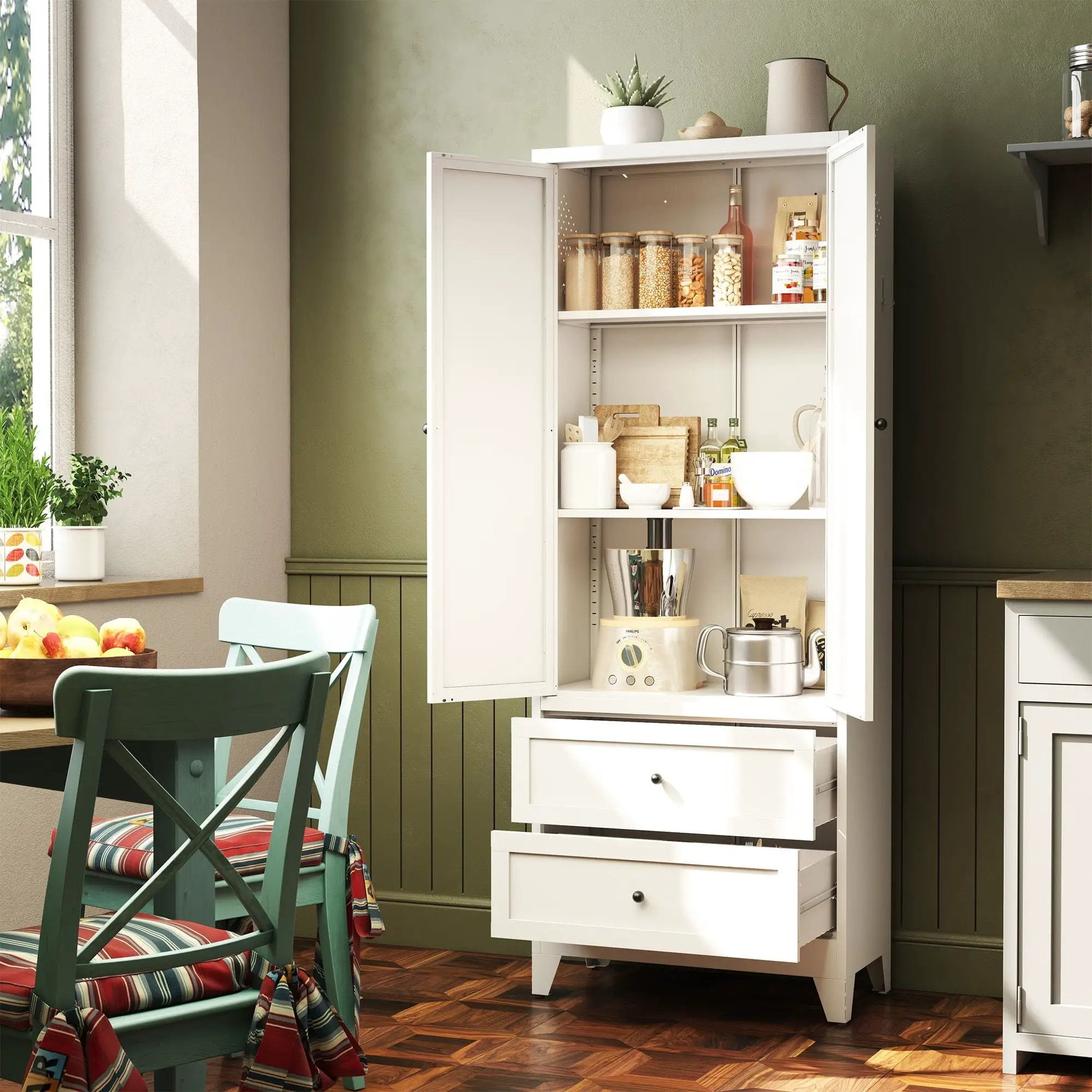 Pantry Cabinet With 2 Drawers, Freestanding Kitchen Storage Cabinet With Adjustable Shelves, Heavy-Duty Organizer For Spices, Dishware, Small Appliances - White by HouseOfZazla