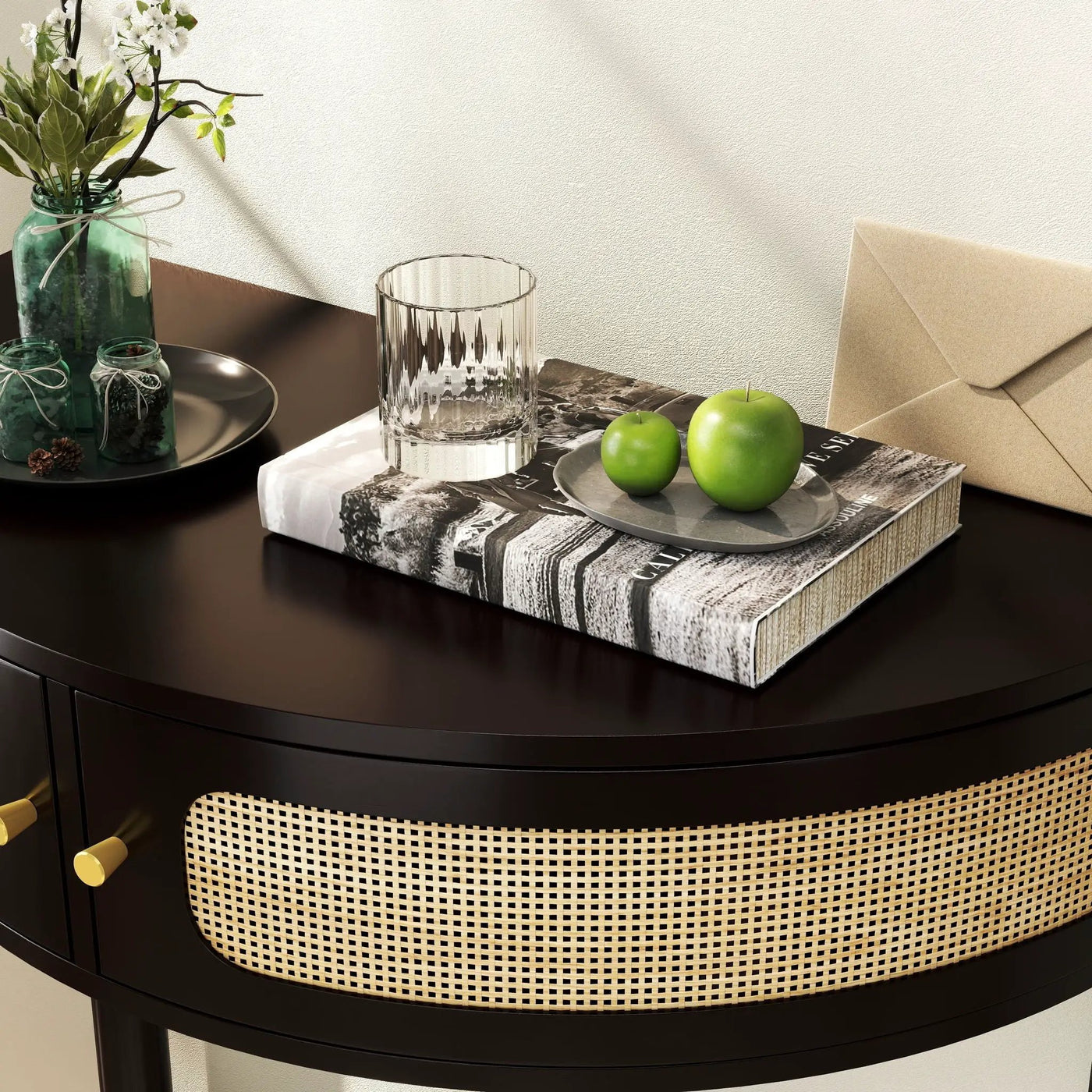 Boho Rattan Semi Circle End Table With Sliding Rattan Door, Storage And Bottom Shelf by HouseOfZazla