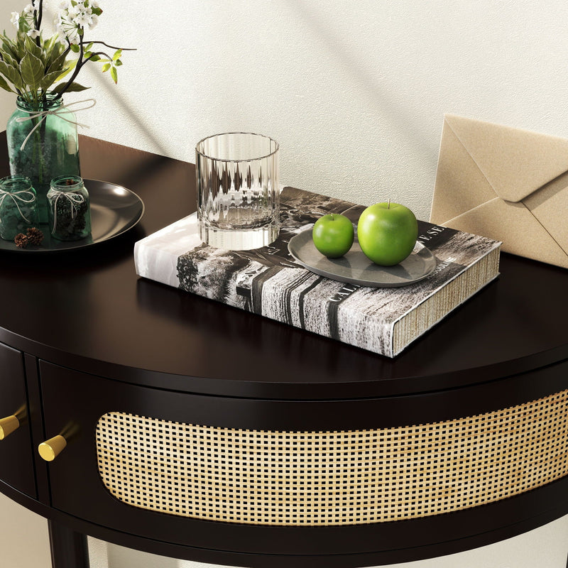 Boho Rattan Semi Circle End Table With Sliding Rattan Door, Storage And Bottom Shelf by HouseOfZazla
