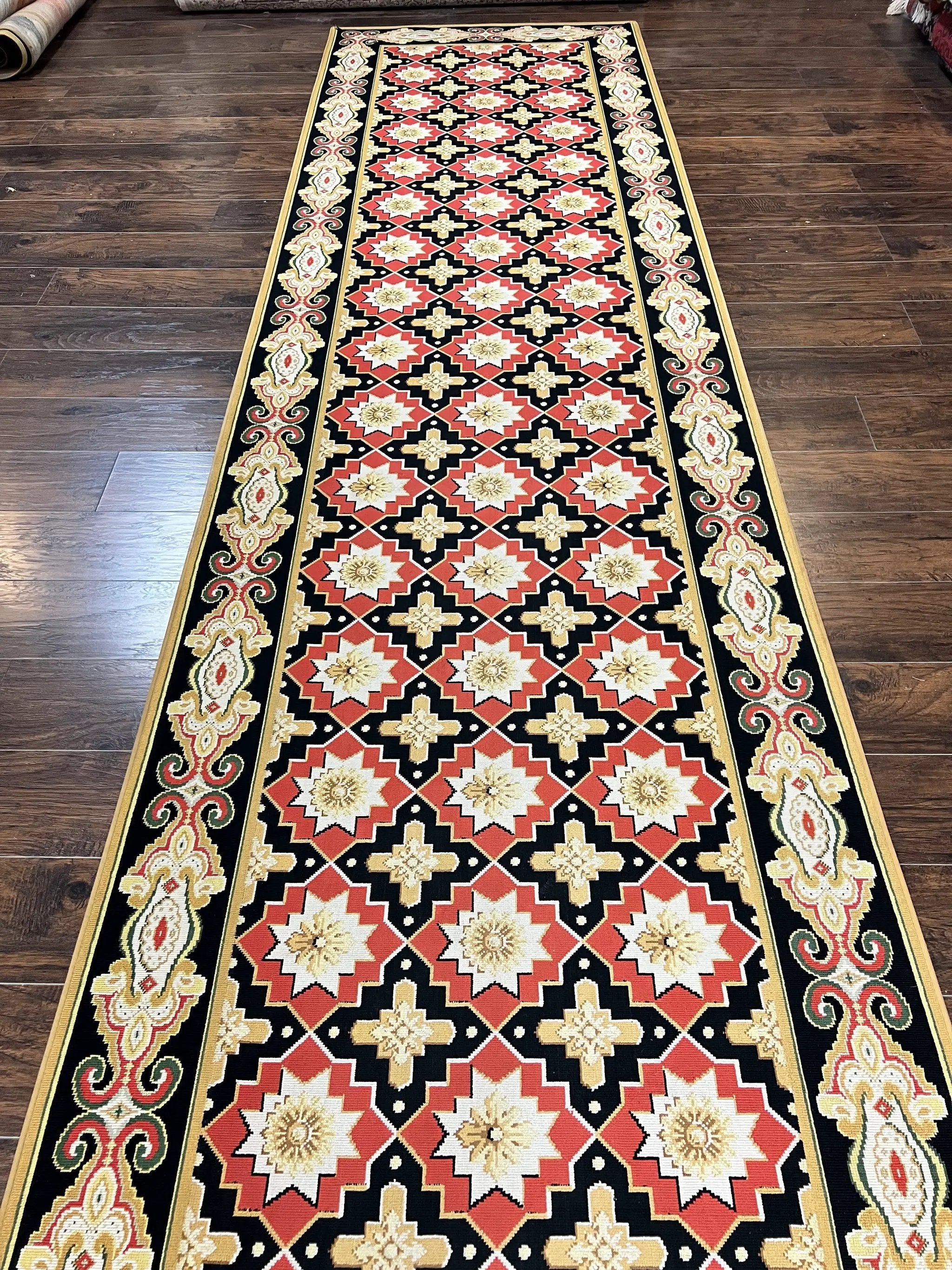 Runner Rug 4x19, Panel Design Rug, Custom Made Stark Runner Carpet, Wool, Vintage 4 x 19 Hallway Rug, European Design, Red Black Ivory Tan by Jewel Rugs