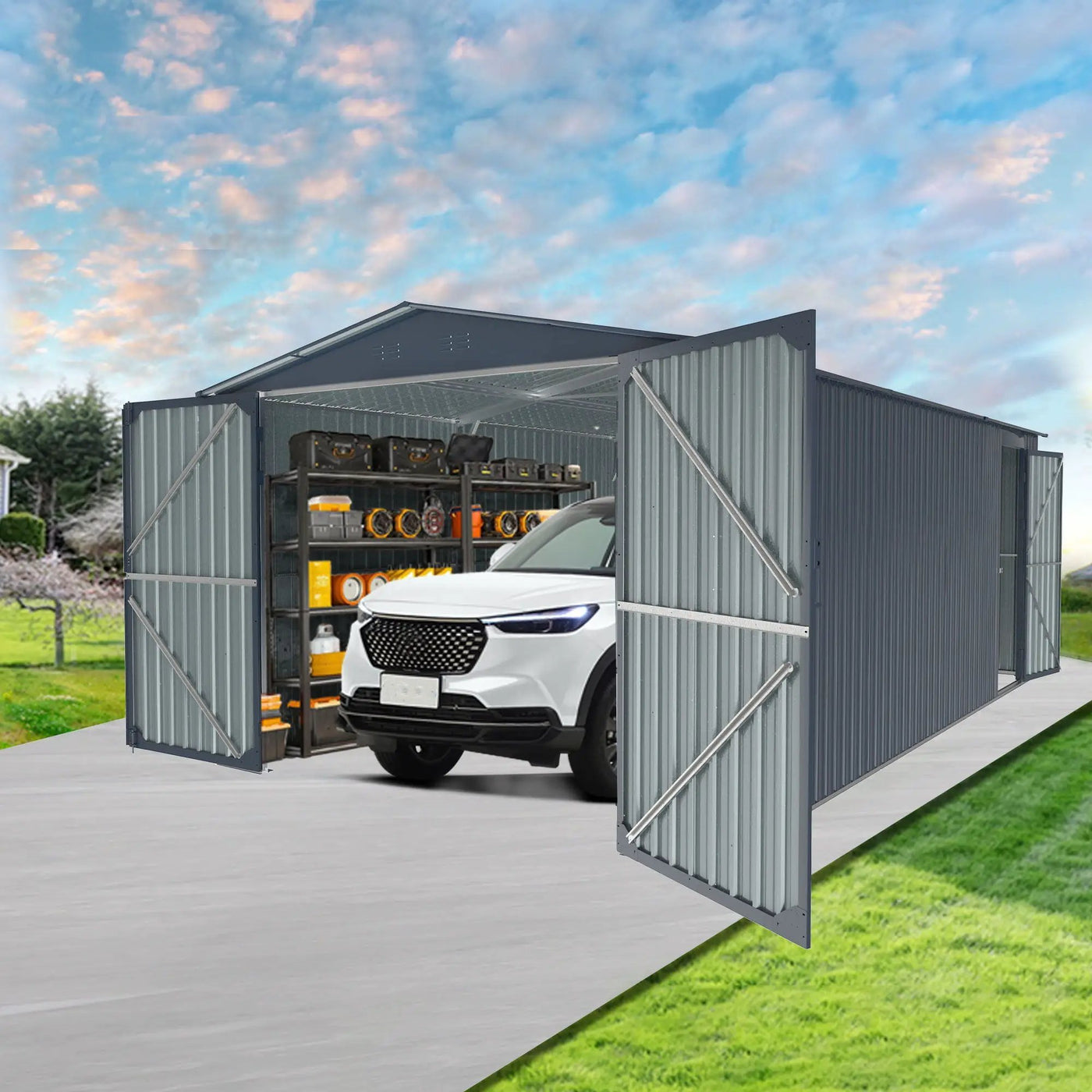 Outdoor Storage Shed, Garden Shed Backyard Utility Tool House Building With 2 Doors And 4 Vents For Car, Truck, Bike, Garbage Can, Tool, Lawnmower by HouseOfZazla