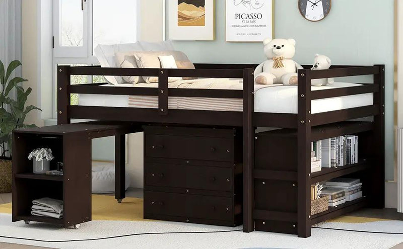Loft Low Study Bed With Cabinet, Shelves And Rolling Portable Desk, Multiple Functions by HouseOfZazla