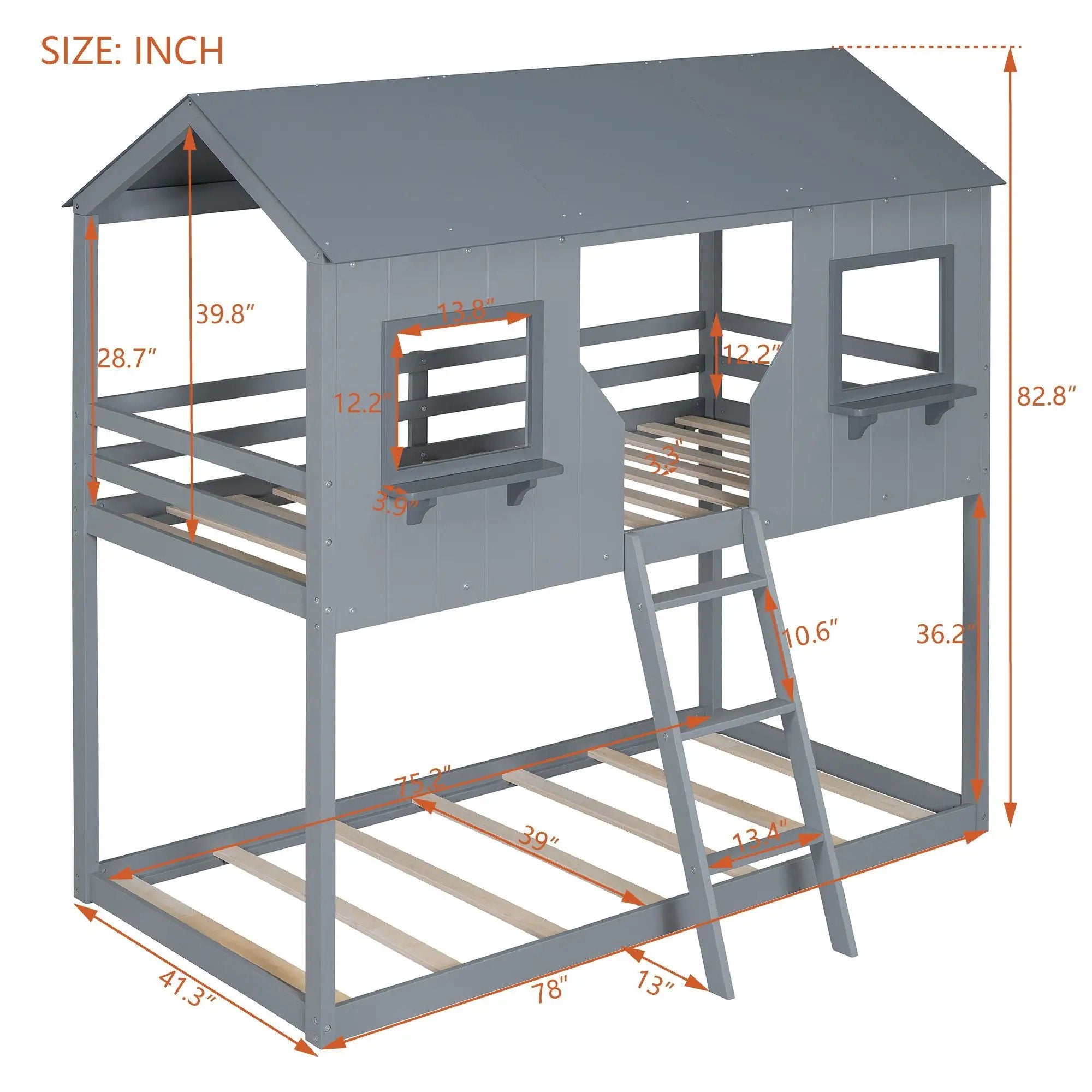 Twin Over Twin Bunk Bed With Roof, Window, Guardrail, Ladder by HouseOfZazla