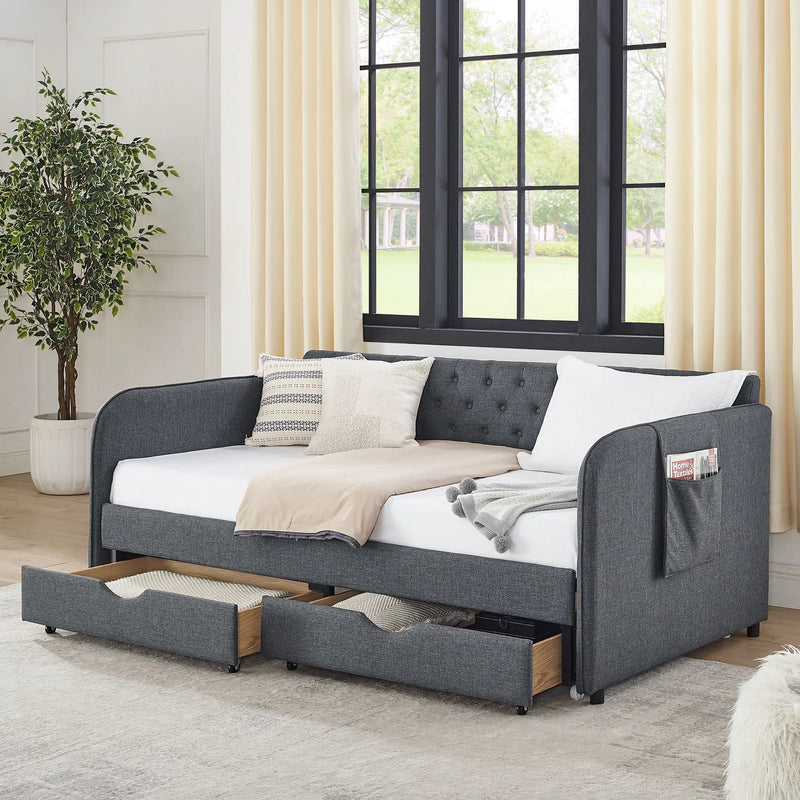 Daybed With Trundle And Storage Drawers, Flat Arms With Pocket by Unique Piece Furniture