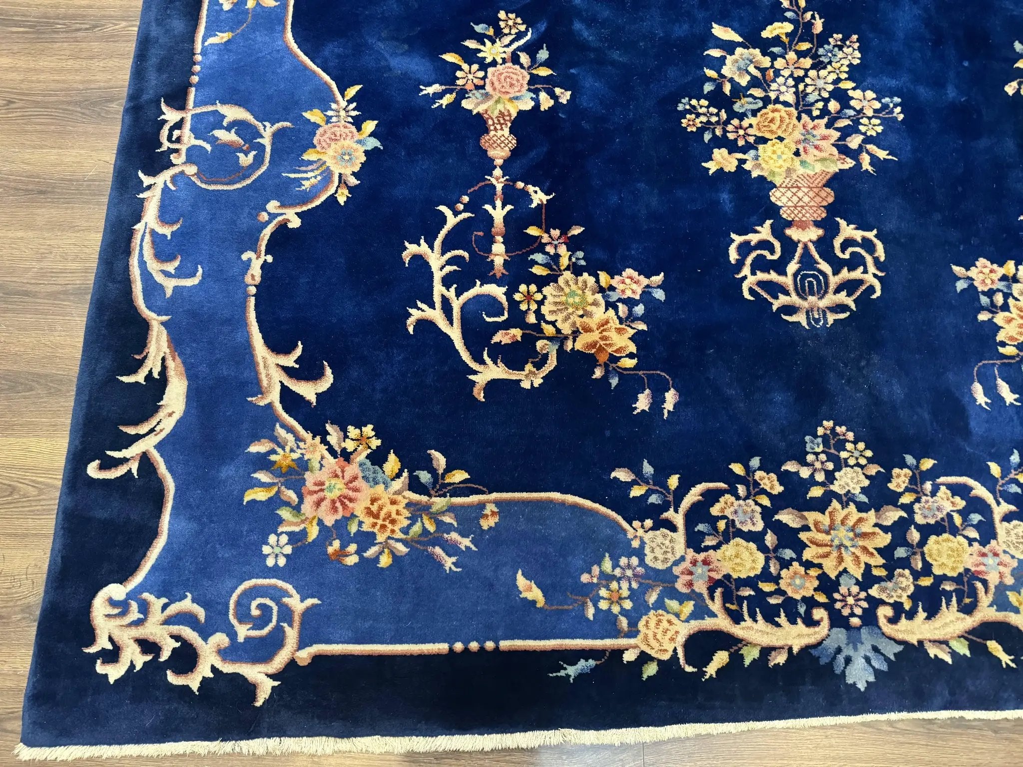 Blue Chinese Art Deco Rug 9x12, Vintage Antique Chinese Wool Rug, Chinese Fette Rug by Jewel Rugs