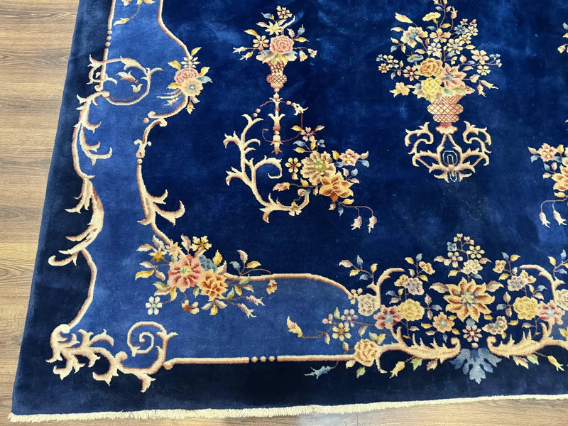 Blue Chinese Art Deco Rug 9x12, Vintage Antique Chinese Wool Rug, Chinese Fette Rug by Jewel Rugs