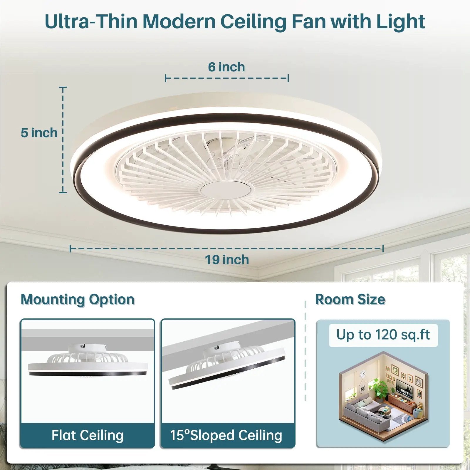 RGB Dimmable LED Bladeless Ceiling Fan With Remote Control, Flush Mount - White by Unique Piece Furniture