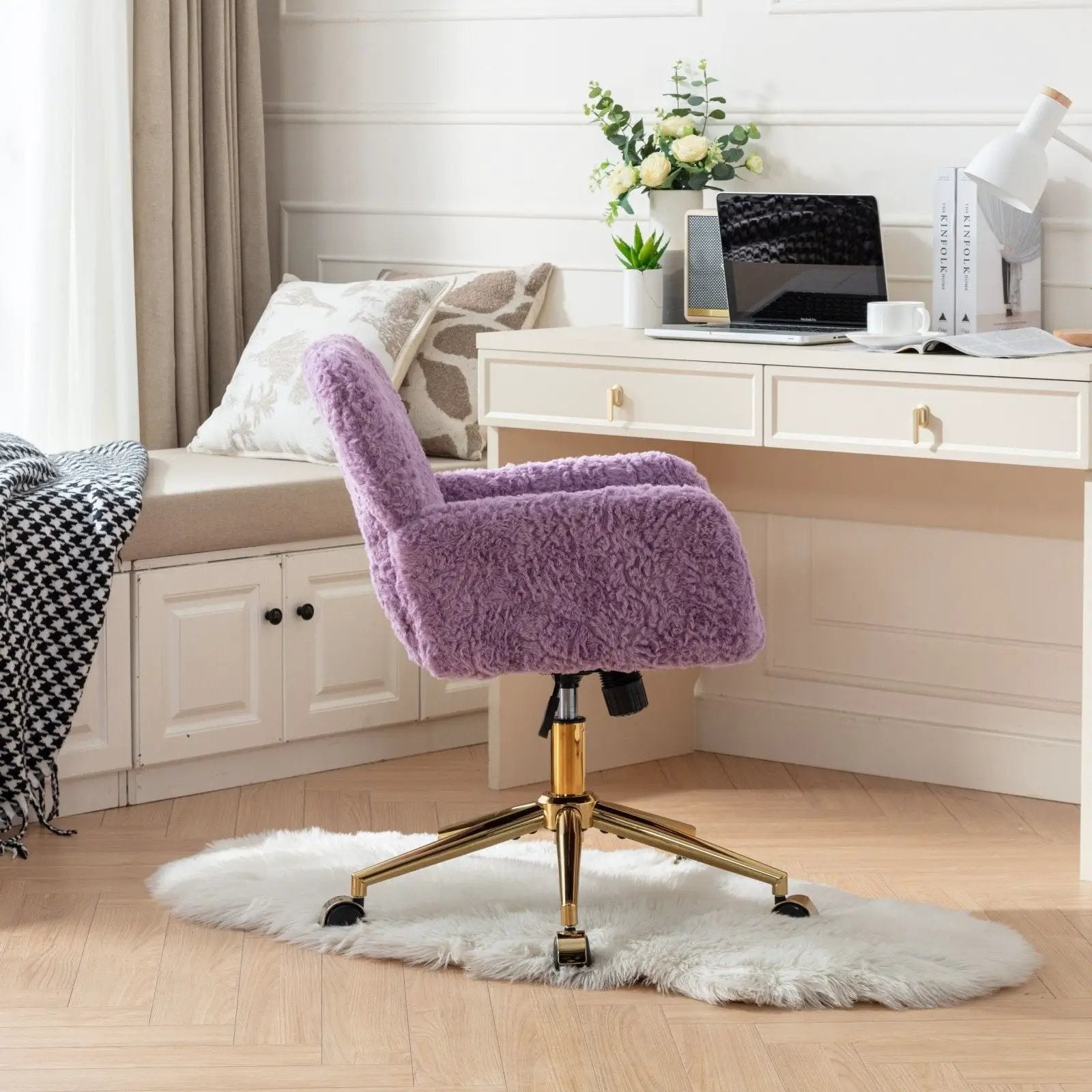 Office Chair, Artificial Rabbit Hair Home Office Chair With Metal Base, Adjustable Desk Chair Swivel Office Chair, Vanity Chair by HouseOfZazla