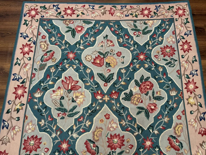 Teal Needlepoint Rug 6x9, Panel Design, Floral Bouquets, Handmade by Jewel Rugs
