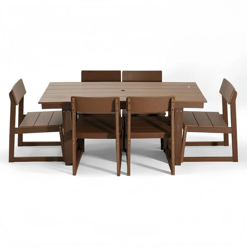 7 Piece Outdoor Dining Set For 6, Table With Umbrella Hole & 6 Armless Chairs For Backyard - Brown by HouseOfZazla