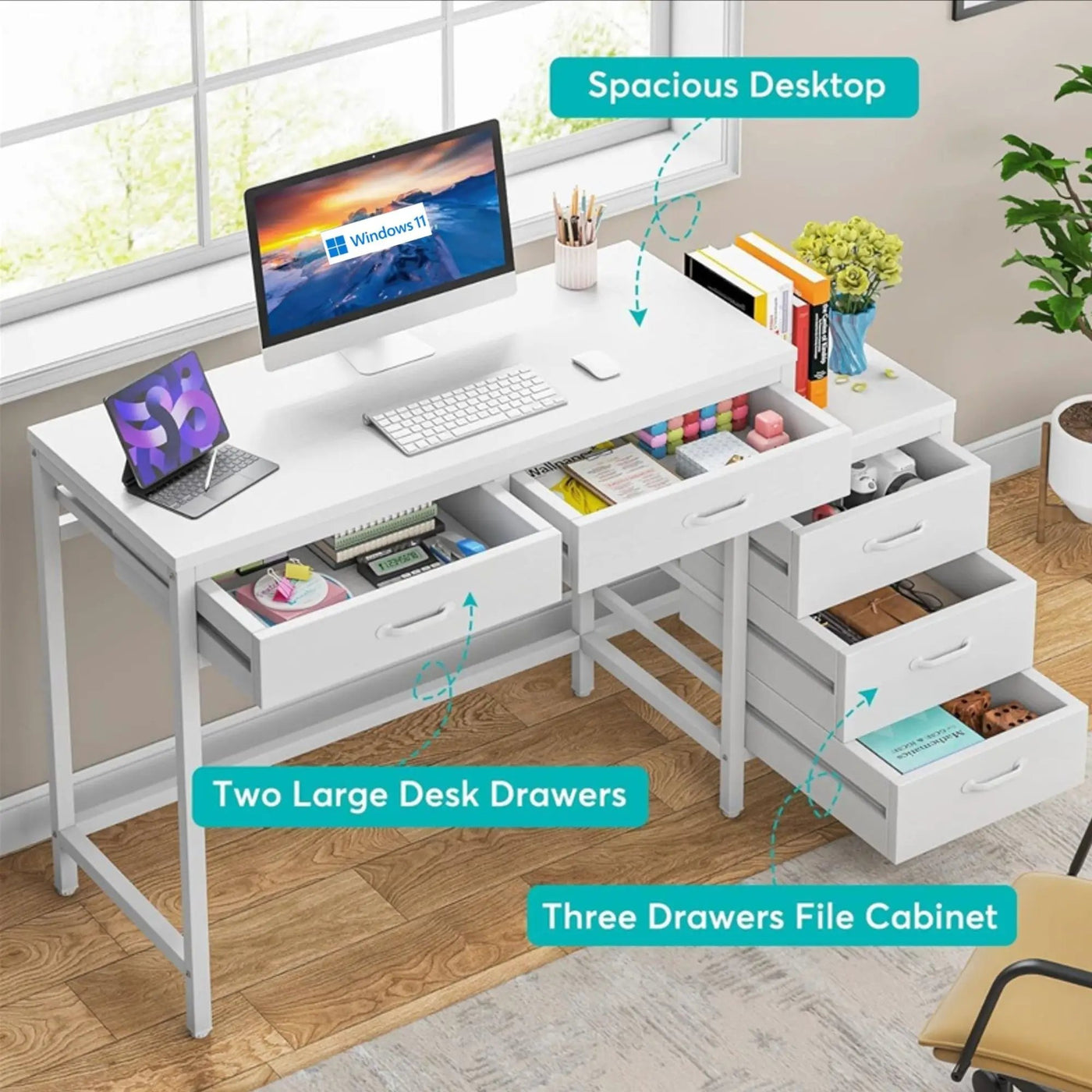 Computer Desk With Reversible 5 Drawer Storage, Frame Writing Table For Small Spaces by HouseOfZazla