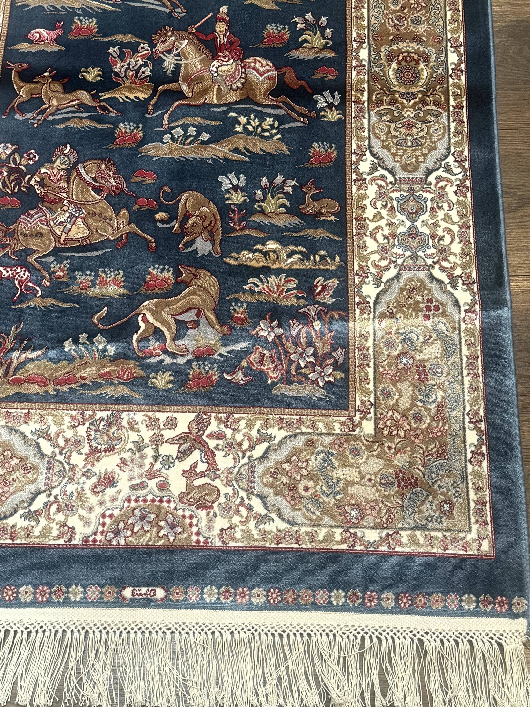 Turkish Silk Hunting Scene Rug 2.6 x 5, Dark Steel Blue & Ivory, Bamboo Silk, New by Jewel Rugs