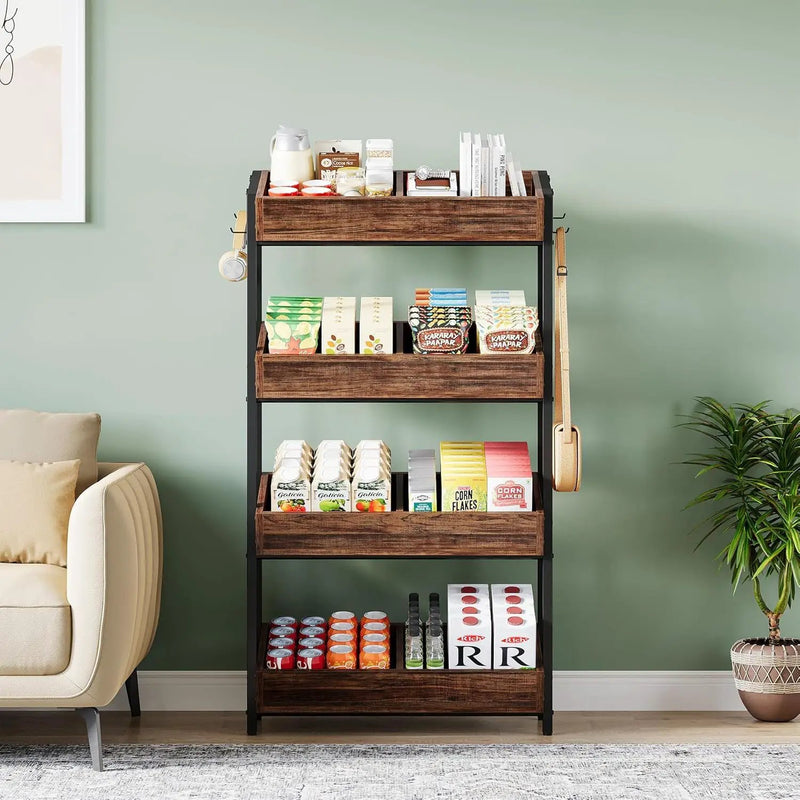4 Tier Retail Display Rack With Hooks, Tall Metal Snack Stand With Shelves - Brown / Black by HouseOfZazla