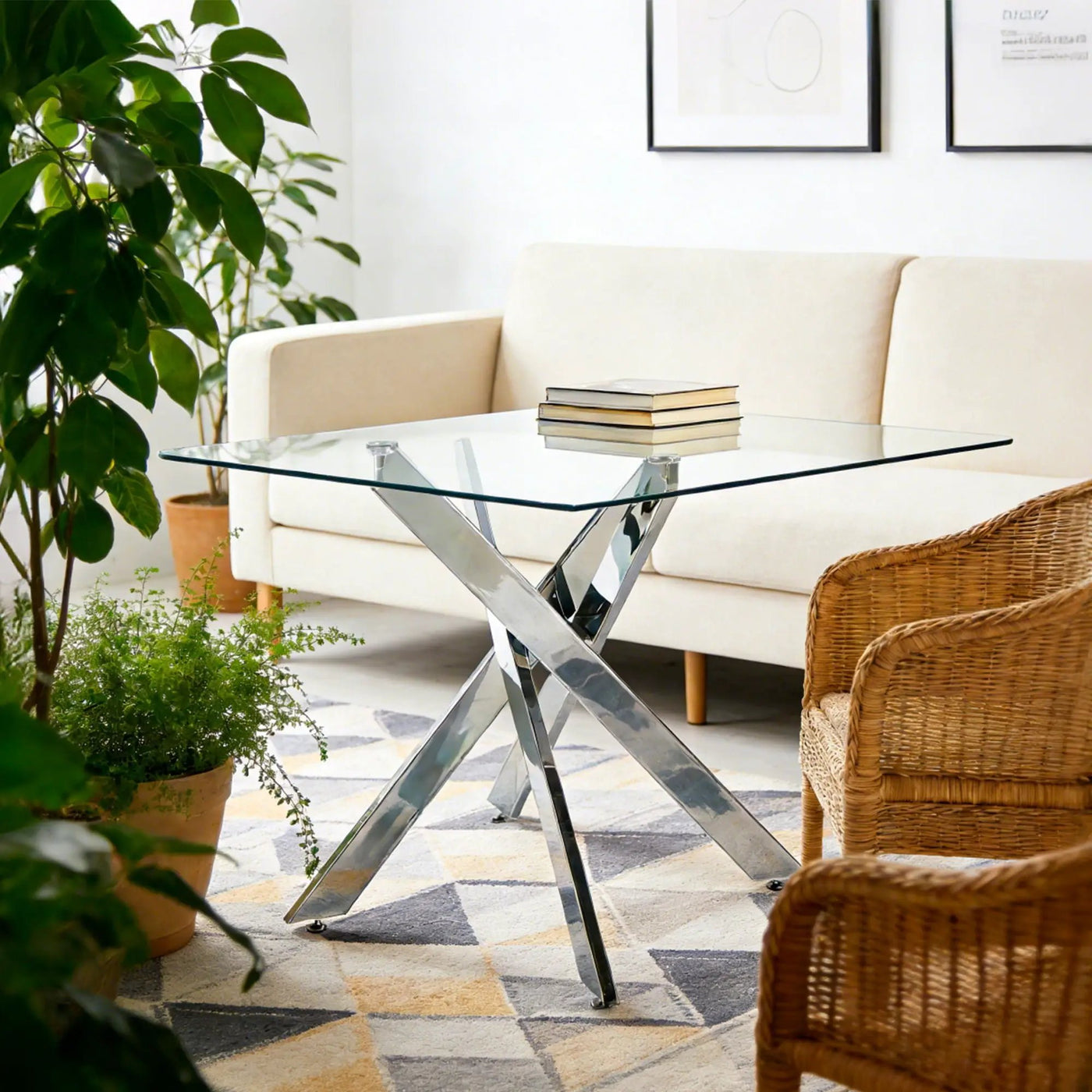 Dining Table With Cross Metal Leg And Tempered Glass, Modern Space Saving Kitchen Table For Living Room Legs, Square Table by Unique Piece Furniture