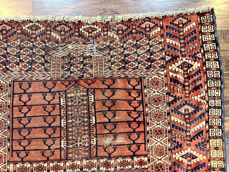 Antique Turkoman Rug 4x4, Hatchli Square Carpet, Wool Handmade Four Season Yamud Design Rug, Red Bohemian Tribal Rug, Engsi Tekkeh Rug by Jewel Rugs