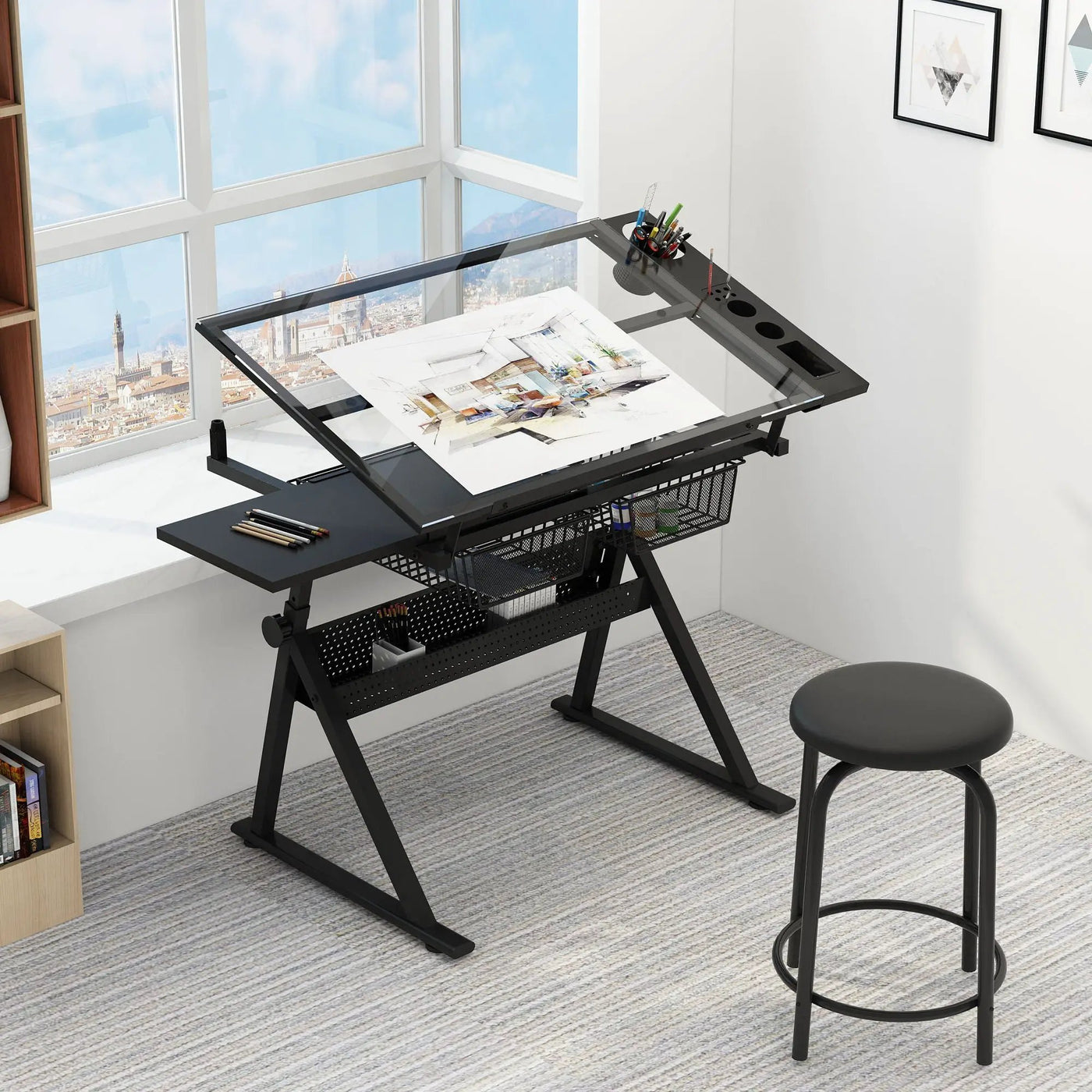 Adjustable Tempered Glass Drafting Printing Table With Chair by Unique Piece Furniture