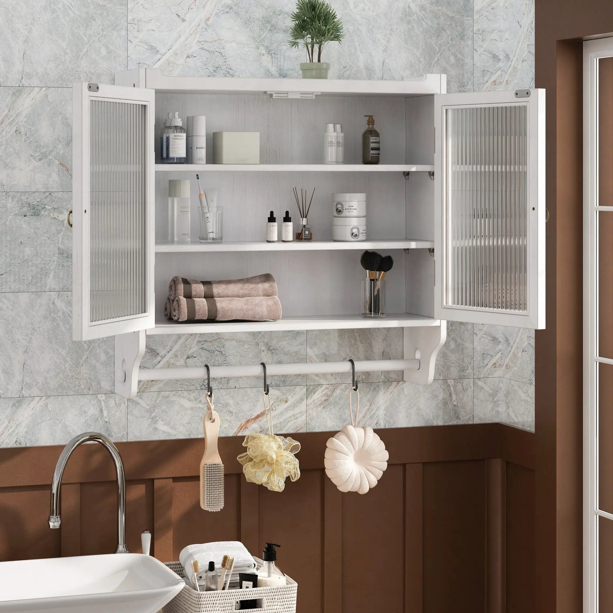 Vintage Double Door Wall Cabinet With Three Tiers Storage And Towel Rack - White Washed by Unique Piece Furniture