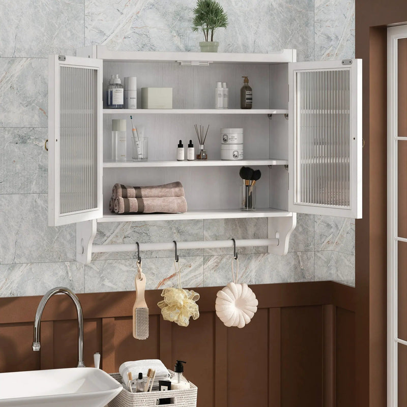 Vintage Double Door Wall Cabinet With Three Tiers Storage And Towel Rack - White Washed by Unique Piece Furniture