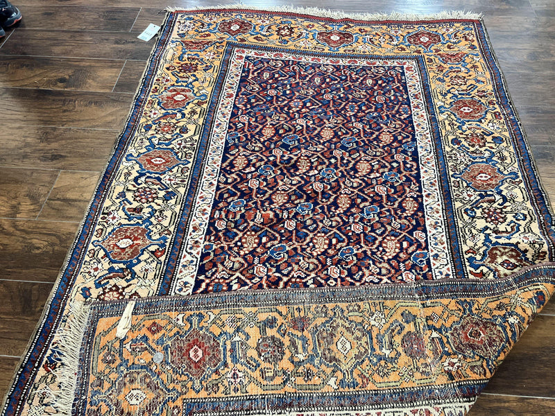 Persian Senneh Rug 4x8, Wool Hand Knotted Antique Kurdish Carpet, Navy Blue Oriental Area Rug, 4 x 8 Rug by Jewel Rugs