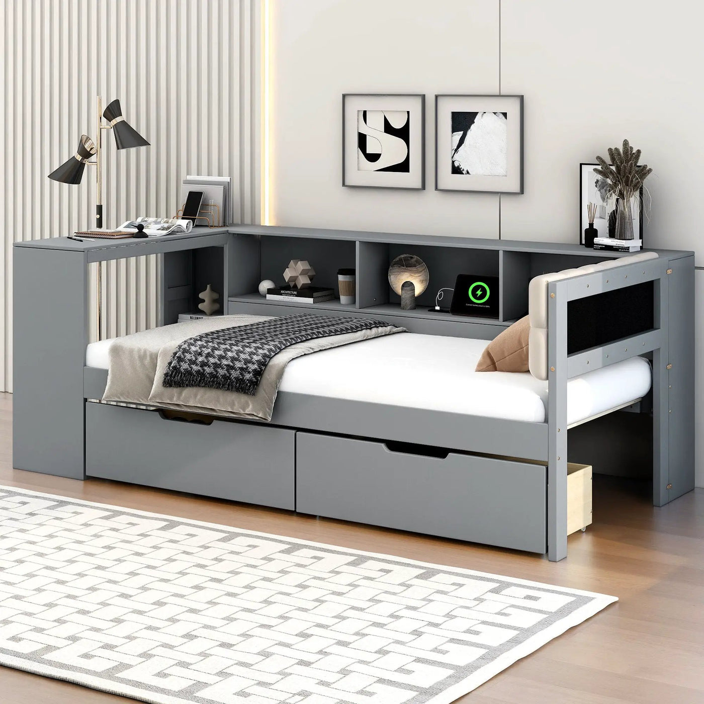 Upholstered Headboard Platform Bed With Storage Shelves, Drawers, Charging Station by HouseOfZazla