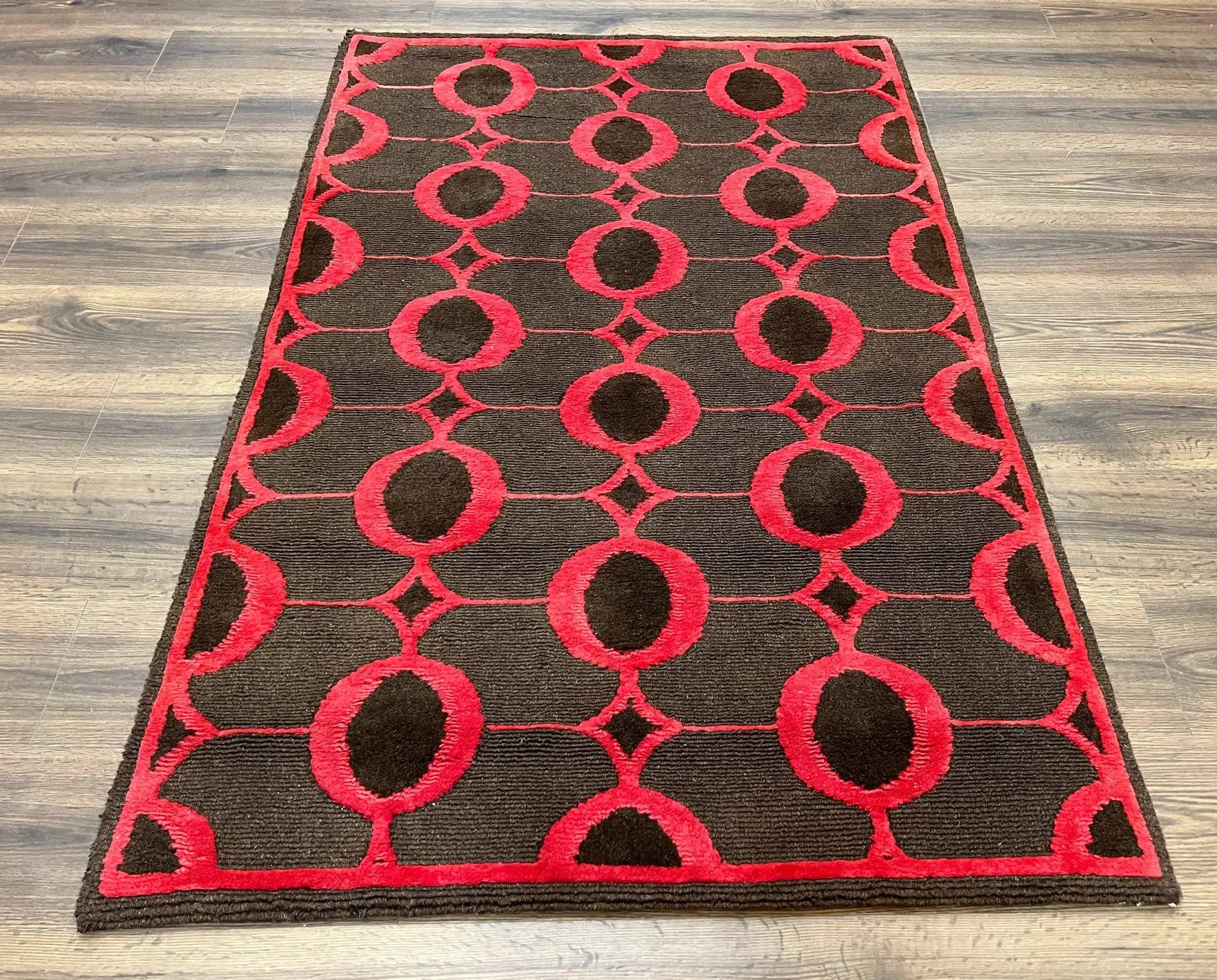 Modern Tibetan Rug 3.8 x 5.7, Raspberry Red and Dark Brown, Abstract Circle Design, Hand Knotted, Soft Wool Handmade Tibet Nepali Carpet 4x6 by Jewel Rugs