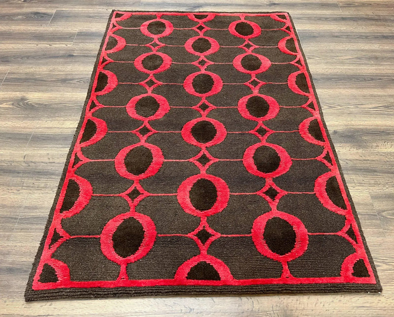 Modern Tibetan Rug 3.8 x 5.7, Raspberry Red and Dark Brown, Abstract Circle Design, Hand Knotted, Soft Wool Handmade Tibet Nepali Carpet 4x6 by Jewel Rugs