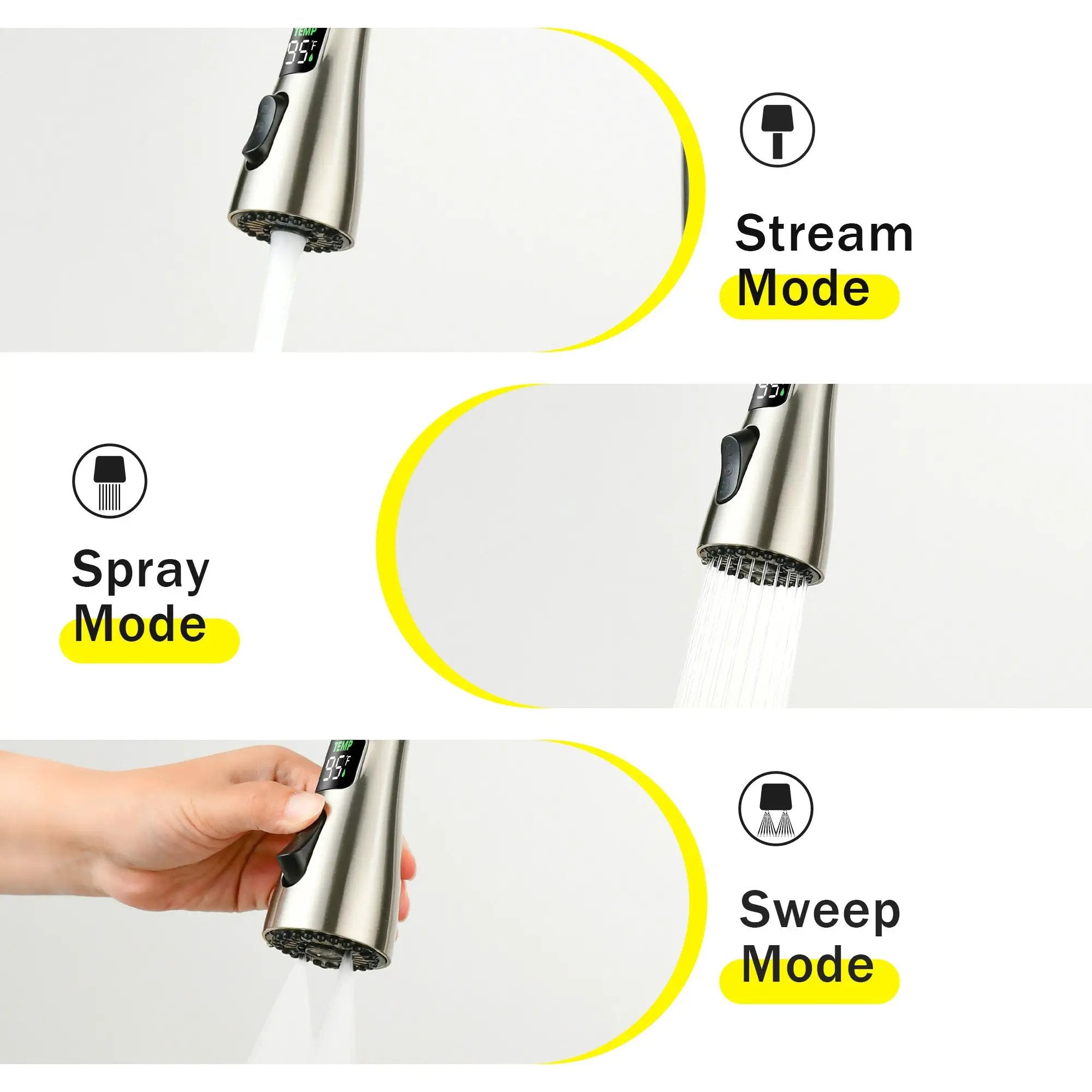 3-in-1 Kitchen Faucet with LED Temperature Display, Press-Type Glass Rinser, Pull-Down Sprayer, 3 Spray Modes, Brushed Nickel Finish, Stainless Steel Construction by HouseOfZazla