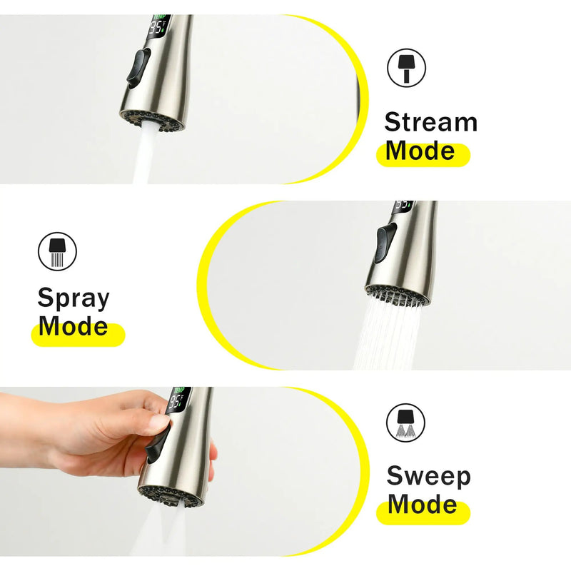 3-in-1 Kitchen Faucet with LED Temperature Display, Press-Type Glass Rinser, Pull-Down Sprayer, 3 Spray Modes, Brushed Nickel Finish, Stainless Steel Construction by HouseOfZazla