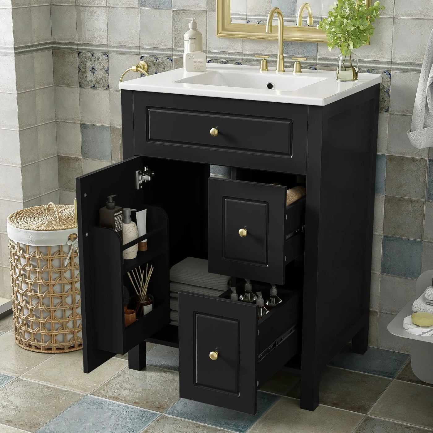 Elegant Bathroom Vanity With Ceramic Sink, Soft Close Doors And Drawers, Double Storage Racks by HouseOfZazla