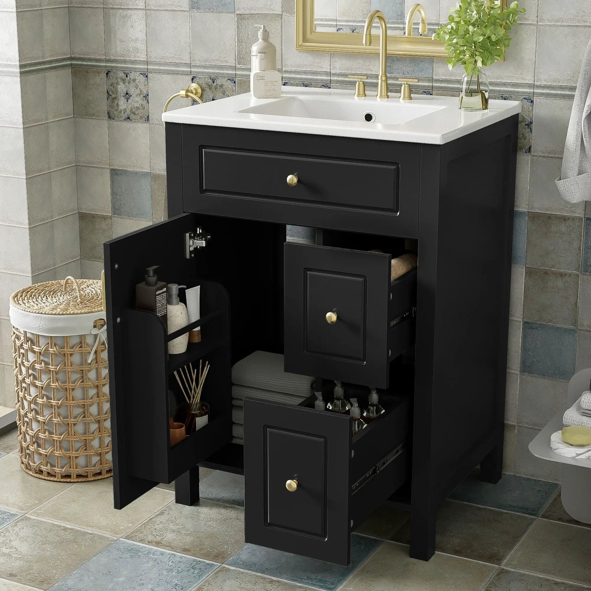 Elegant Bathroom Vanity With Ceramic Sink, Soft Close Doors And Drawers, Double Storage Racks by Unique Piece Furniture