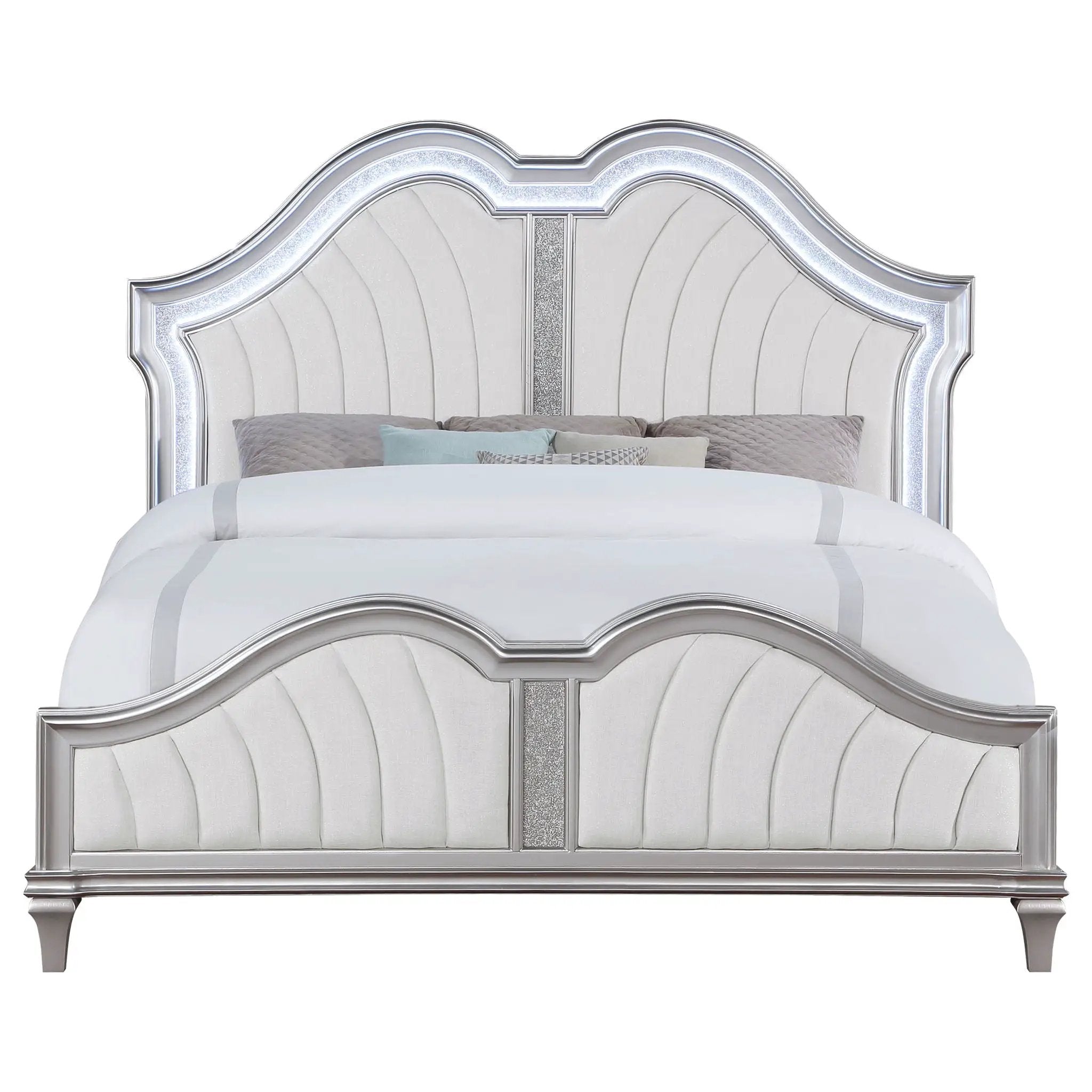 Evangeline Wood Eastern King LED Panel Bed Silver Oak by Unique Piece Furniture