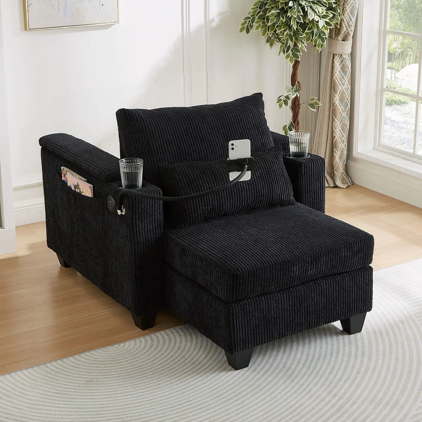Convertible Chaise Lounge Sofa Chair With USB Ports, Cup Holders, Phone Holder And Storage by Unique Piece Furniture