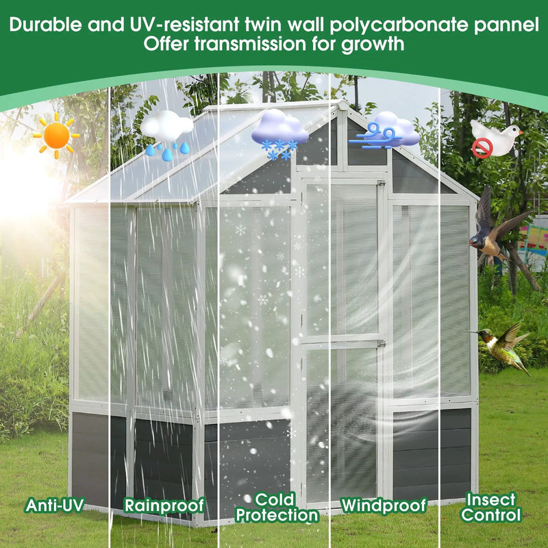 Greenhouse, Wooden Greenhouse Polycarbonate Garden Shed For Plants, Walk-In Outdoor Plant Gardening Greenhouse For Patio Backyard Lawn, Grow House With Front Entry Door - White / Gray by HouseOfZazla