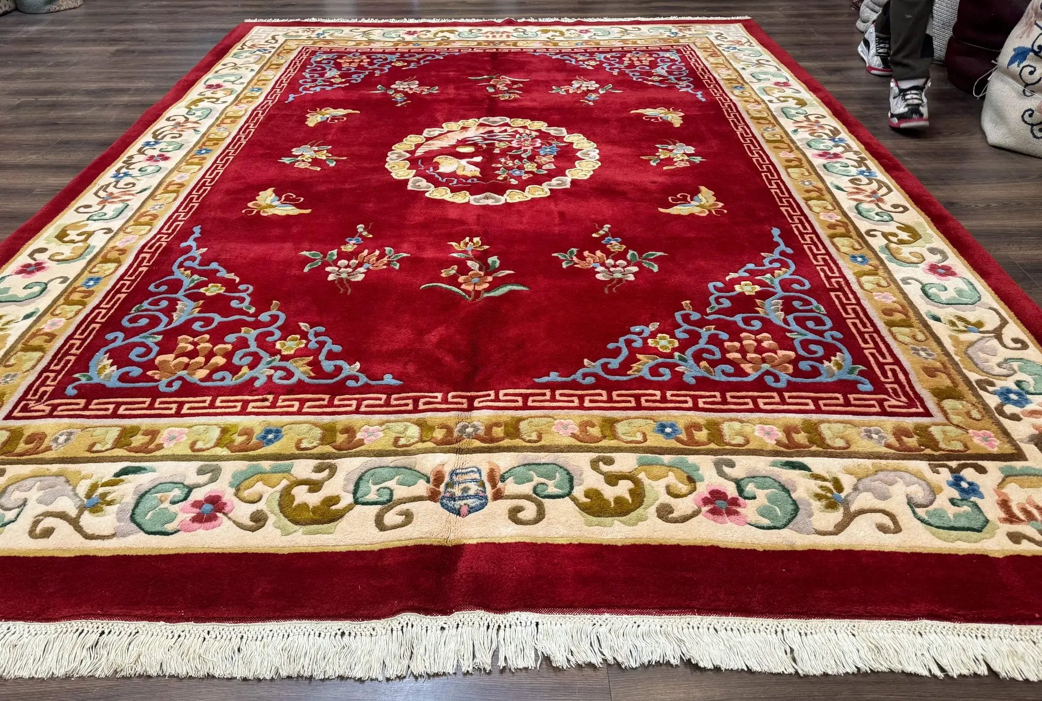 Indo Chinese Wool Rug 9x12, Red Art Deco Carpet, Vintage by Jewel Rugs