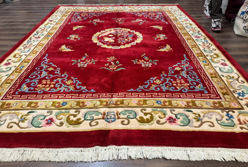Indo Chinese Wool Rug 9x12, Red Art Deco Carpet, Vintage by Jewel Rugs