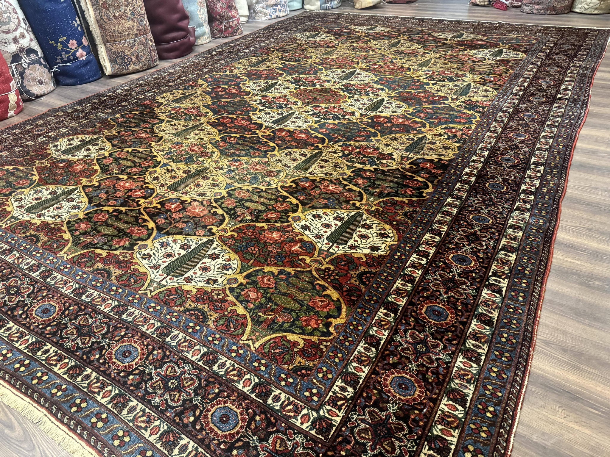Antique Persian Bakhtiari Rug 12x19, Palace Size Wool Handmade Persian Carpet, Oversized Rug, Panel Design, Peacocks, Multicolor, Rare by Jewel Rugs
