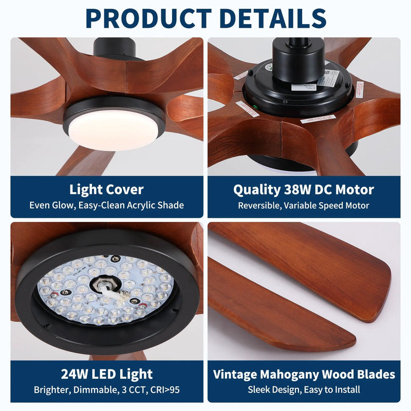 Ceiling Fan With Light And Remote Control, Noiseless, Dimmable, 6 Speeds Reversible For Indoor Or Covered Outdoor Use - Matte Black by HouseOfZazla