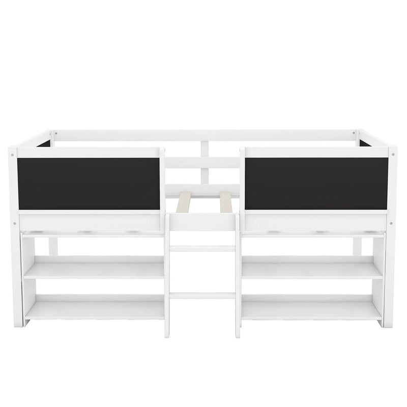 Low Loft Bed With Movable Shelves And Ladder, Decorative Chalkboard Guardrail