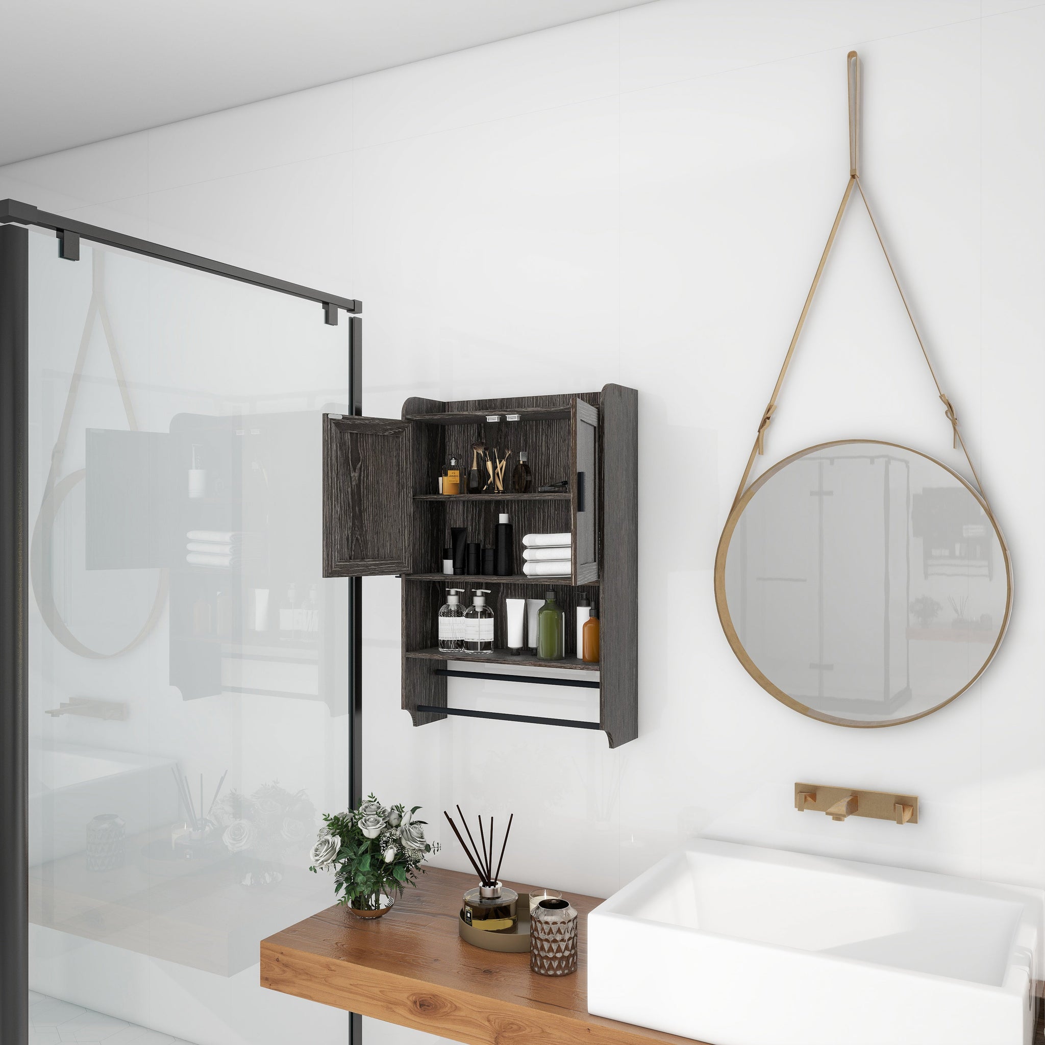 Bathroom Wall Cabinet with Doors, Adjustable Shelf, Towel Bar and Paper Holder by HouseOfZazla
