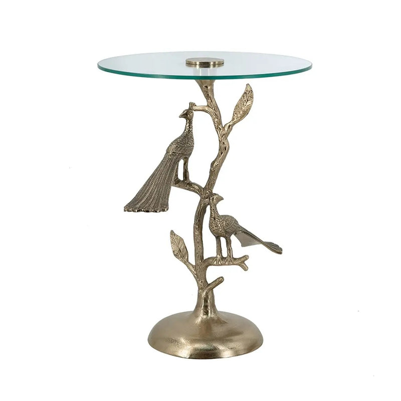 Gold Peacock Side Table with Round Glass Top by HouseOfZazla