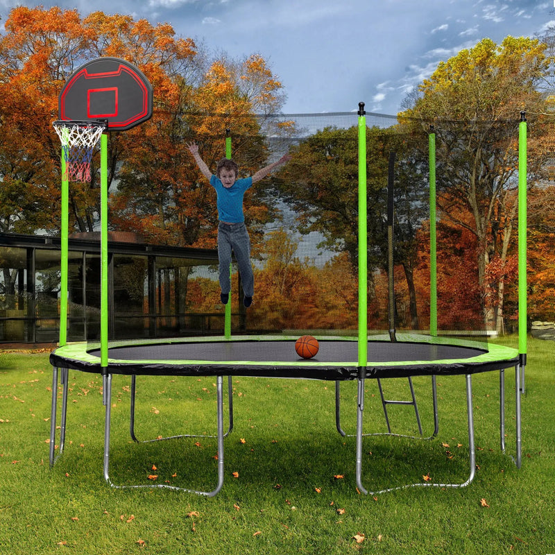 14Ft Trampoline With Basketball Hoop Inflator And Ladder (Inner Safety Enclosure) - Green by HouseOfZazla