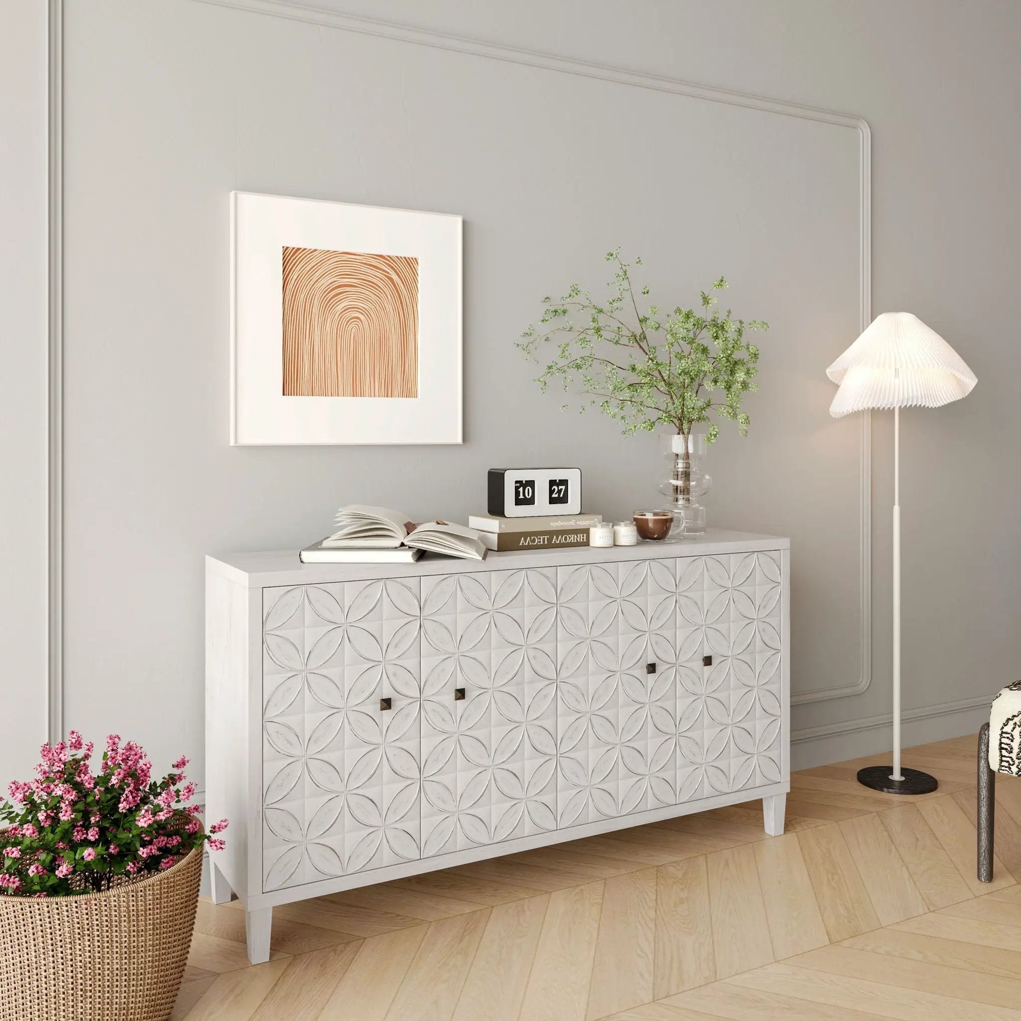 Accent Cabinet 4 Door Wooden Cabinet Sideboard Buffet Server Cabinet Storage Cabinet, For Living Room, Entryway, Hallway, Office, Kitchen And Dining Room - White Wash by Unique Piece Furniture