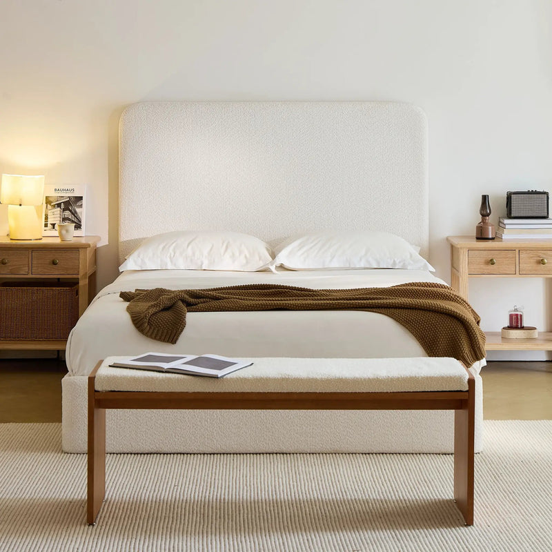 Canter Tall Headboard Upholstered Bed in Pearl White Chenille, Queen Size by HouseOfZazla