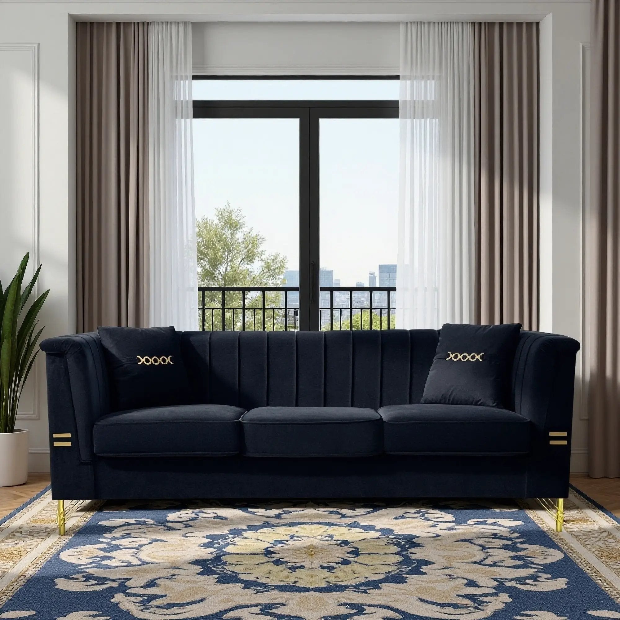 FX-P82-BK2 Modern Velvet 3-Seater Sofa with 2 Pillows by HouseOfZazla